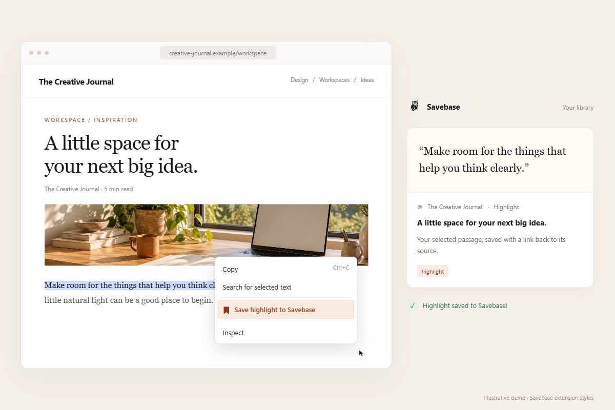 Selected text in a demo article, the context menu action Save highlight to Savebase, and an illustrative card containing the selected passage and its source.