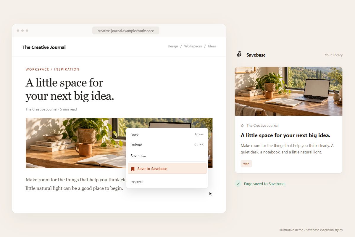 Demo article with a browser context menu highlighting Save to Savebase, alongside an illustrative saved webpage card.